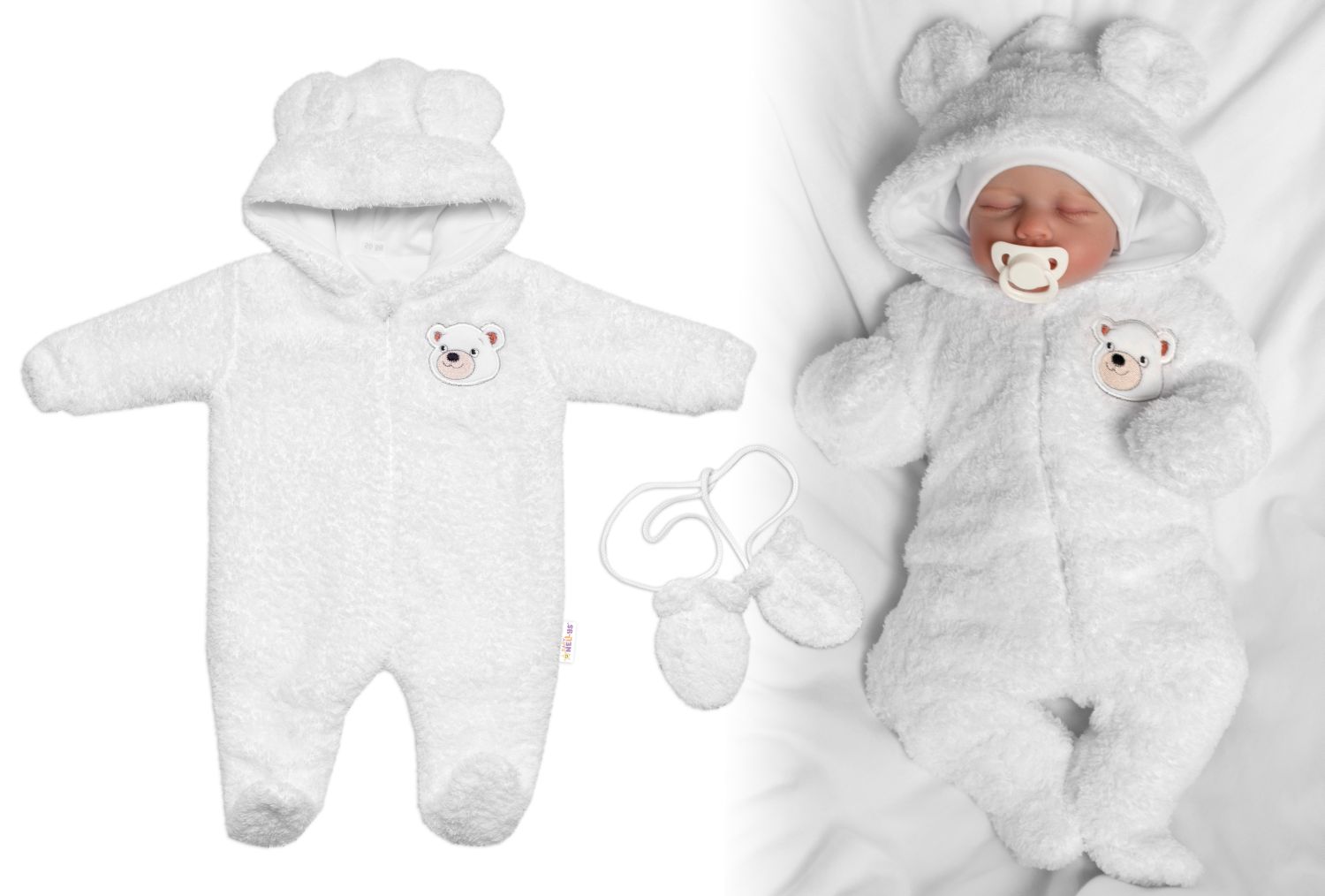 Chlpáčkový overal Luna s kapucňou + rukavičky, Baby Nellys, Medvedík, biely, veľ. 74/80