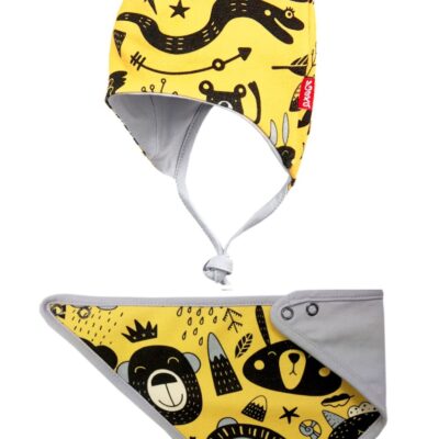 Čiapka dvojvrstvová na zaväzovanie + šatka, Zvieratká, Bexa - horčicová, veľ. 80/86