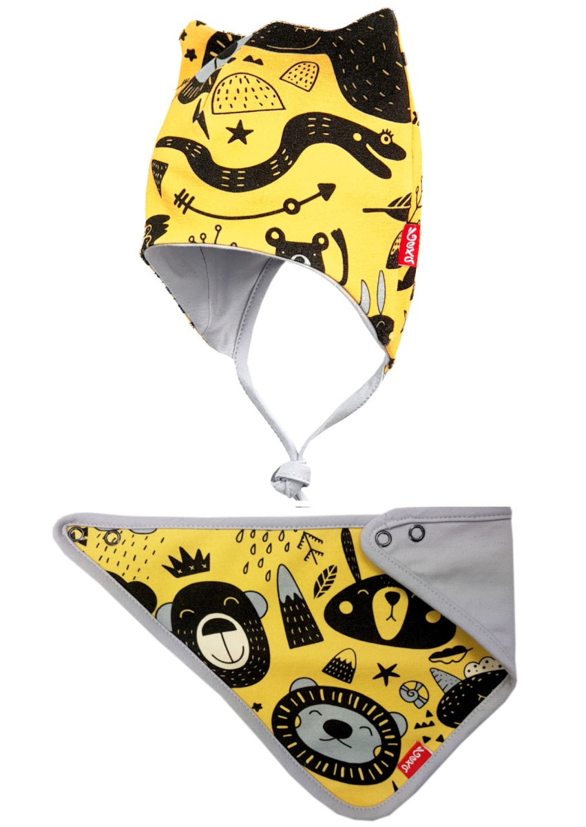 Čiapka dvojvrstvová na zaväzovanie + šatka, Zvieratká, Bexa - horčicová, veľ. 80/86