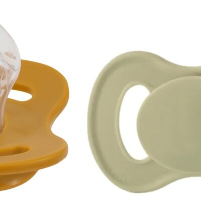 Cumlík, ortodontický silikón, 2ks, Lullaby Planet, 0-6m, oliva/horčica