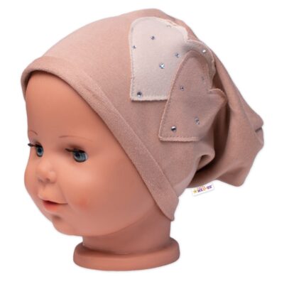 Detská čiapka bavlna, Srdiečka s kamienkami, Baby Nellys, cappuccino, veľ. 104/134