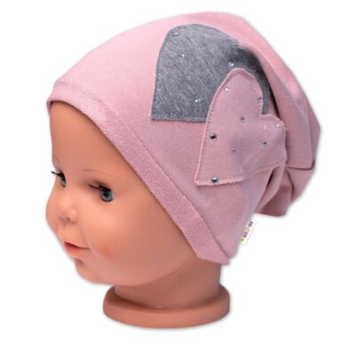 Detská čiapka bavlna, Srdiečka s kamienkami, Baby Nellys, púdrová, veľ. 92/98