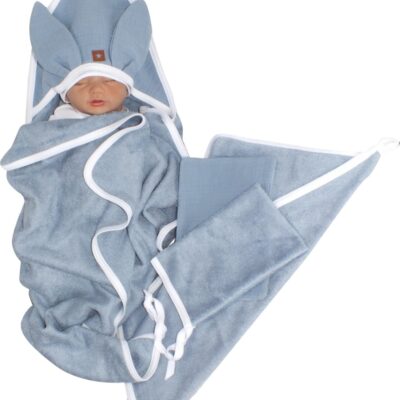 Detská luxusná 4D bambusová sada - osuška s kapucňou a uterákom + 2 žinky, modrá