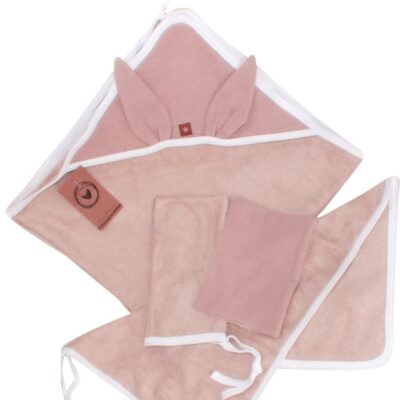Detská luxusná 4D bambusová sada - osuška s kapucňou a uterákom + 2 žinky, pudrovo ružová