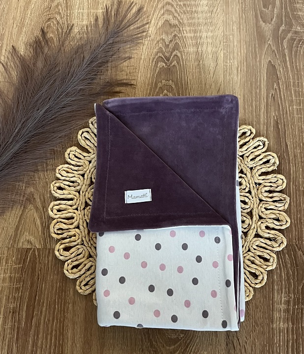 Detská obojstranná deka Mamatti, bavlna/velvet, 80 x 90 cm, Puntík - smotana/fialová