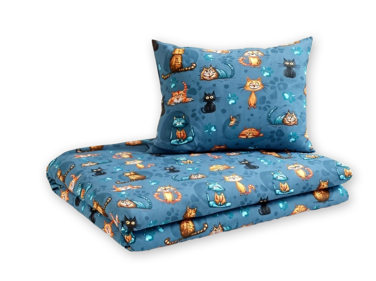 Detské obliečky, bavlna 2D 140x200/70x80 - Mačky Mourci - modré