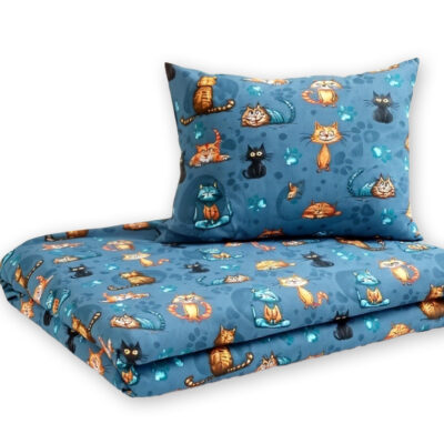 Detské obliečky, bavlna 2D 140x200/70x90 - Mačky Mourci - modré