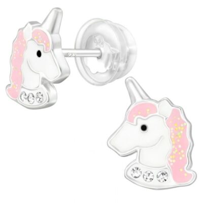 Detské strieborné náušničky Jednorožce premium, puzetové silikón