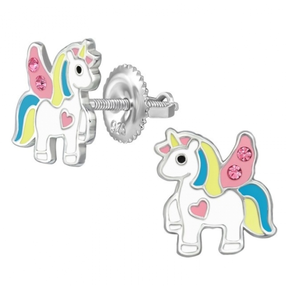 Detské strieborné náušničky Jednorožec Angel Love, so skrutkovacou puzetou