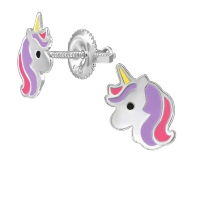 Detské strieborné náušničky Jednorožec, so skrutkovacou puzetou