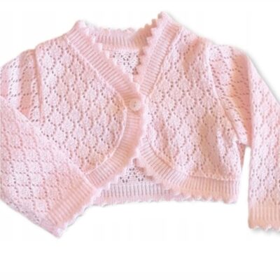 Dievčenské pletené, ažúrkové bolerko, dl. rukáv - sv. ružové, veľ. 80