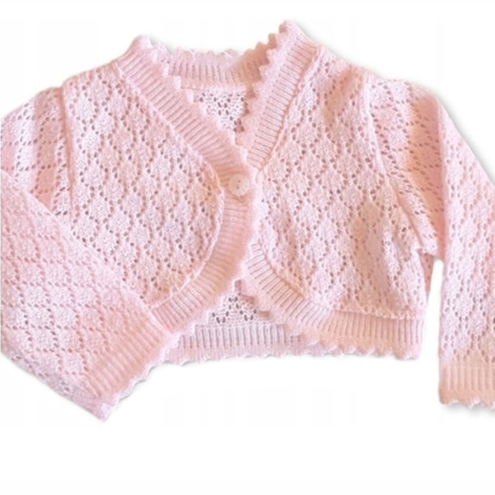 Dievčenské pletené, ažúrkové bolerko, dl. rukáv - sv. ružové