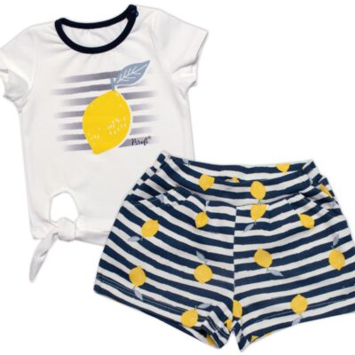 Dievčenské tričko+kraťasy 2D sada, Citrónky, Mrofi, biela/modrá, veľ. 74