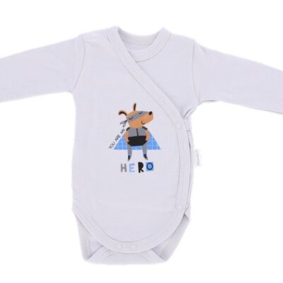 Dojčenské body, dlhý rukáv Mamatti, zap. bokom, Hero, šedé, veľ. 62