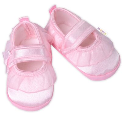 Dojčenské capáčky/topánočky s čipkou a mašľou, Baby Nellys, ružové, veľ. 62/68, 11,5 cm