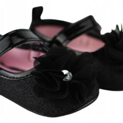 Dojčenské capáčky/topánočky s kvietkom, brokát/čierne, Baby Nellys