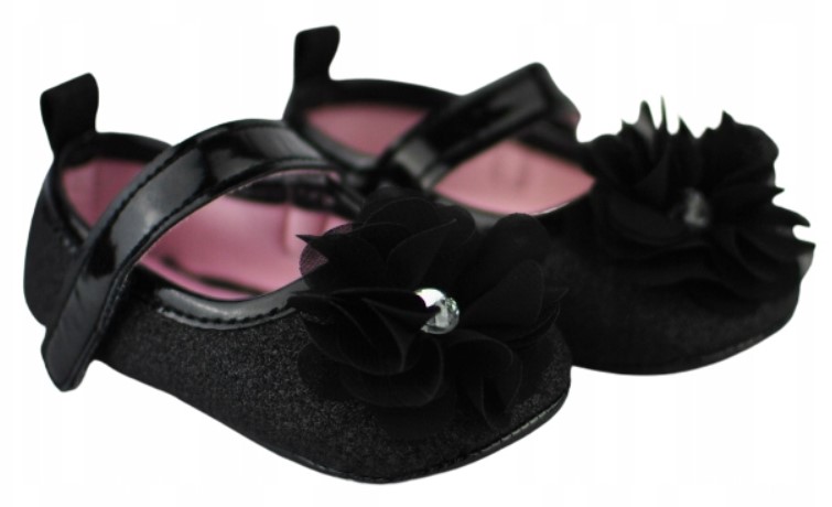 Dojčenské capáčky/topánočky s kvietkom, brokát/čierne, Baby Nellys, vel. 6/12 m