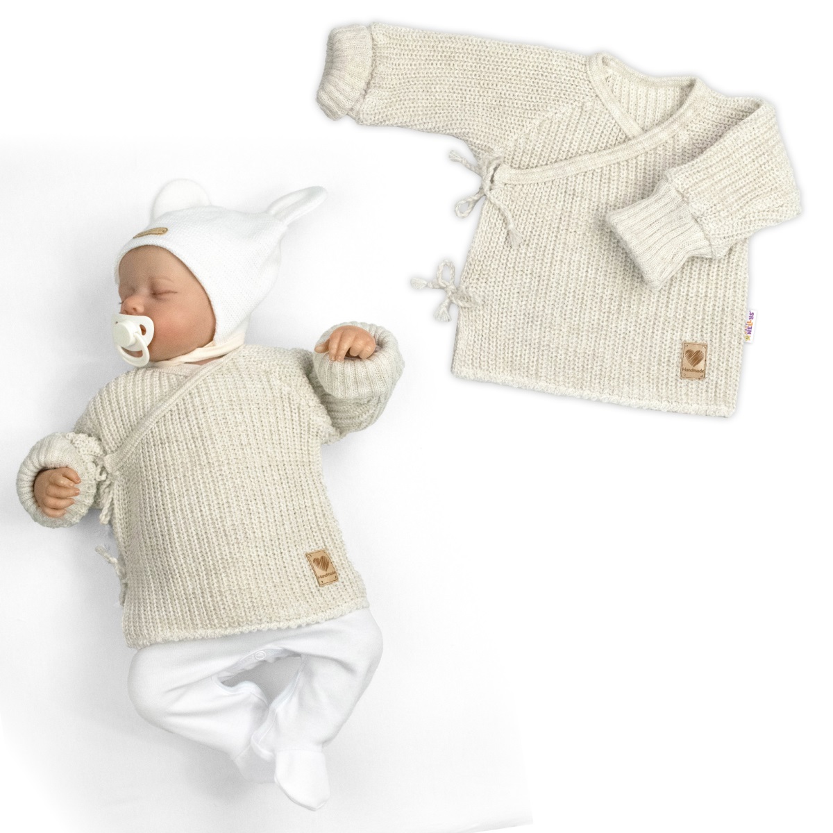 Dojčenský svetrík, rastúci, na zaväzovanie na boku - sv. béžová, písková