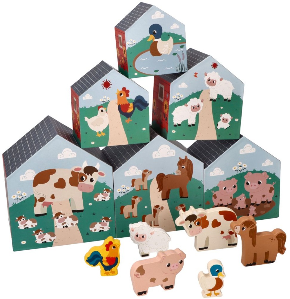 Domčeky/pyramídy so 6 drevenými zvieratkami, Farma