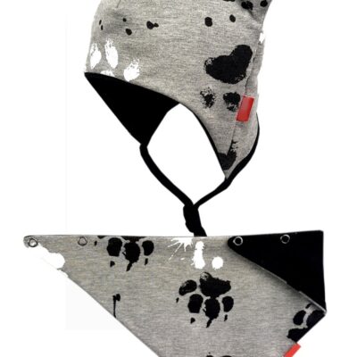 Dvojvrstvová čiapka na zaväzovanie s uškami + šatka Bexa - Labky, sivá