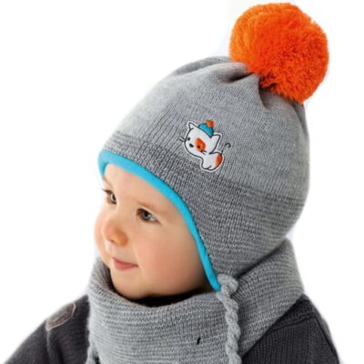 Dvojvrstvová čiapka s brmbolcom na zaväzovanie + šatka Mačička, šedá, 40-42cm