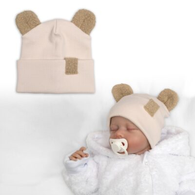 Dvojvrstvová rebrovaná čiapočka s uškami boucle medvedík - béžová