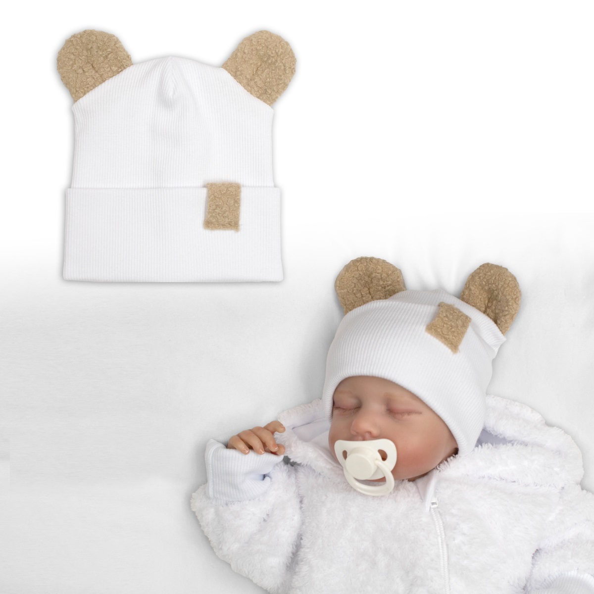 Dvojvrstvová rebrovaná čiapočka s uškami boucle medvedík - biela, 68/74
