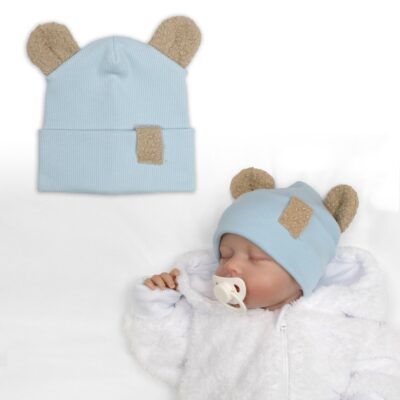 Dvojvrstvová rebrovaná čiapočka s uškami boucle medvedík - modrá, 80/86
