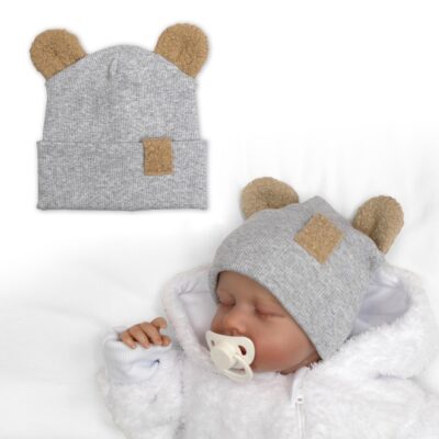 Dvojvrstvová rebrovaná čiapočka s uškami boucle medvedík - šedý melír