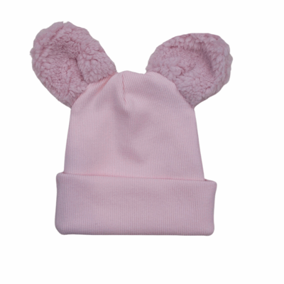 Dvojvrstvová rebrovaná čiapočka s uškami medvedík - růžová
