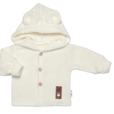 Elegantný pletený svetrík s gombíkmi a kapucňou s uškami Baby Nellys, ecru, veľ. 68
