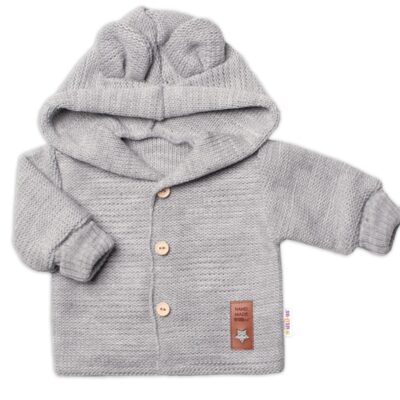 Elegantný pletený svetrík s gombíkmi a kapucňou s uškami Baby Nellys, sivý, veľ. 74