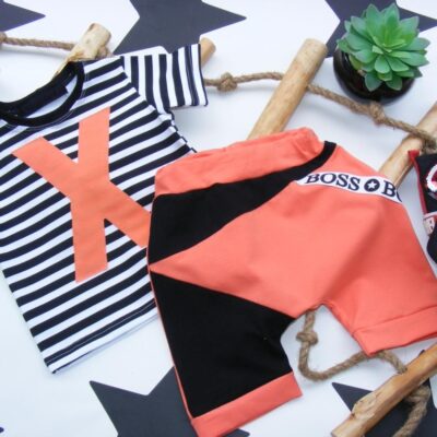 G-baby 2-dielna sada tričko kr. rukáv, kraťasky New Boss X - prúžok, tehlová, veľ. 104