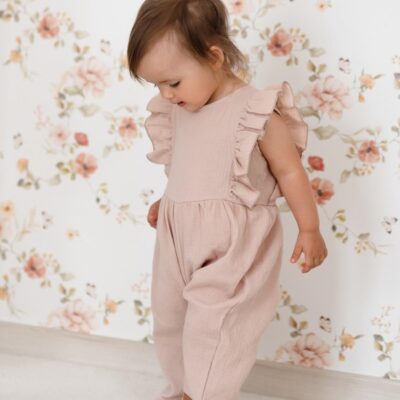 Letný mušelínový overálok pre dievčatká s volánikom Star - béžový, vel. 110