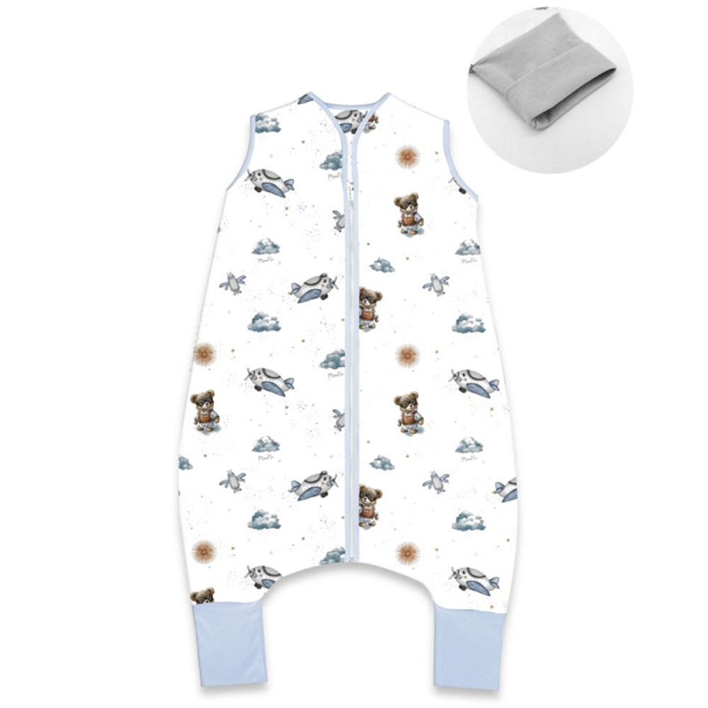 Letný spací vak so zahrnovacími nohavičkami, bavlna, Méďa pilot - biela, modrá, veľ. S