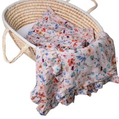 Luxusná dvojvrstvová mušelínová deka s volánikmi, Kvety, Baby Nellys 120x120 cm, púdrová