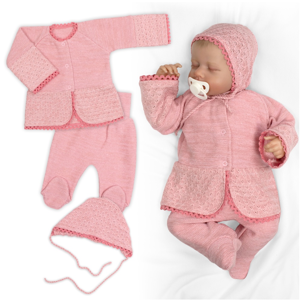 Luxusná pletená sada, kabátik, polodupačky a čiapky, 3D - púdrovo růžová, veľ. 68
