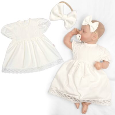 Luxusné šatôčky s čipkou, krátkym rukávom + čelenka, 2D sada, smotanové, veľ. 80/86