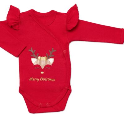 Mamatti Dojčenské body dlhý rukáv, zapínanie bokom, Vianoce s volánikom, červeno/zlatá