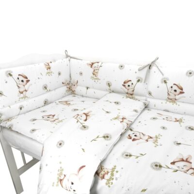 Mantinel s obliečkami do postieľky, 3D sada Bavlna, Kocúrik a púpava - biela