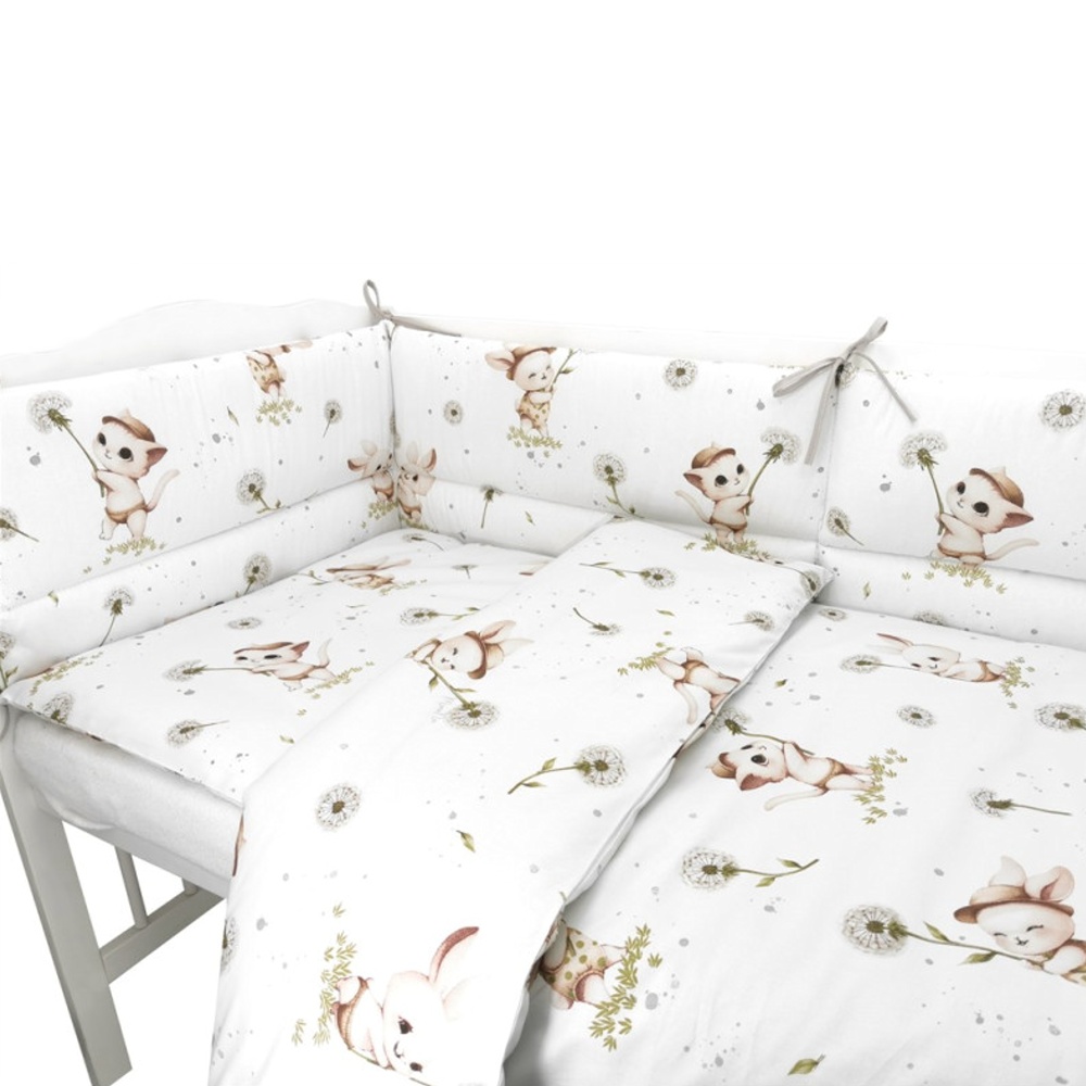 Mantinel s obliečkami do postieľky, 3D sada Bavlna, Kocúrik a púpava - biela