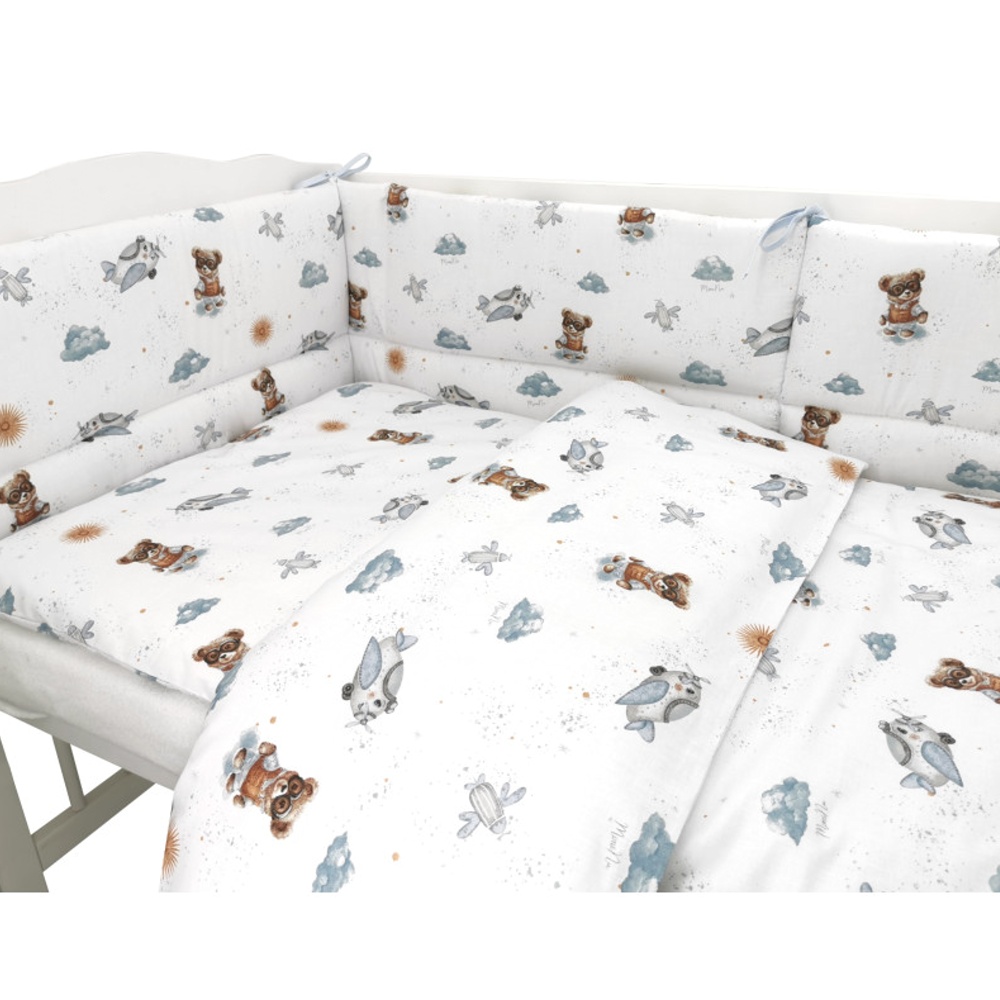 Mantinel s obliečkami do postieľky, 3D sada Bavlna, Méďa pilot - biela, modrá, 135x100