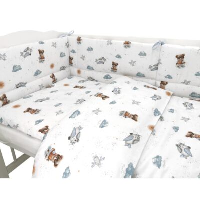 Mantinel s obliečkami do postieľky, 3D sada Bavlna, Méďa pilot - biela, modrá