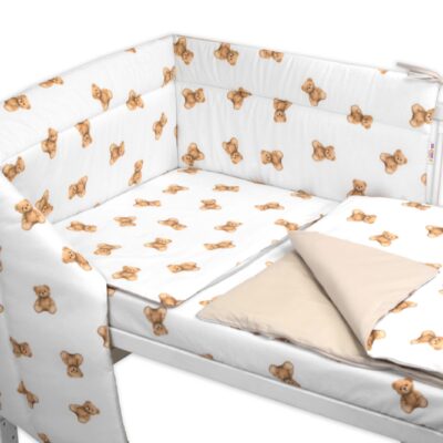 Mantinel s obliečkami do postieľky, 3D sada Bavlna, Míša - biela s potlačou