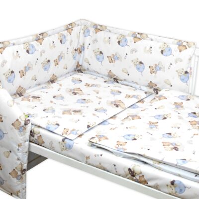 Mantinel s obliečkami do postieľky, 3D sada - Zábava s balónikmi, biela/modrá, 135x100 cm