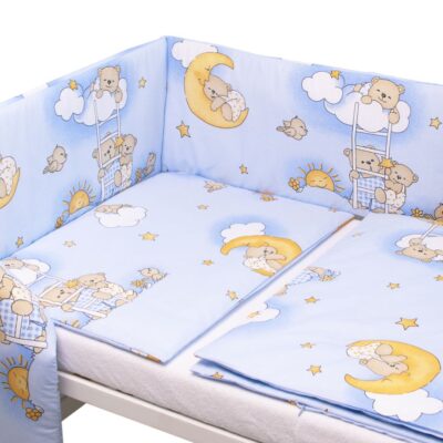 Mantinel s obliečkami Premium, 3D sada, Medvedík na rebríku, modrý, 135x100cm