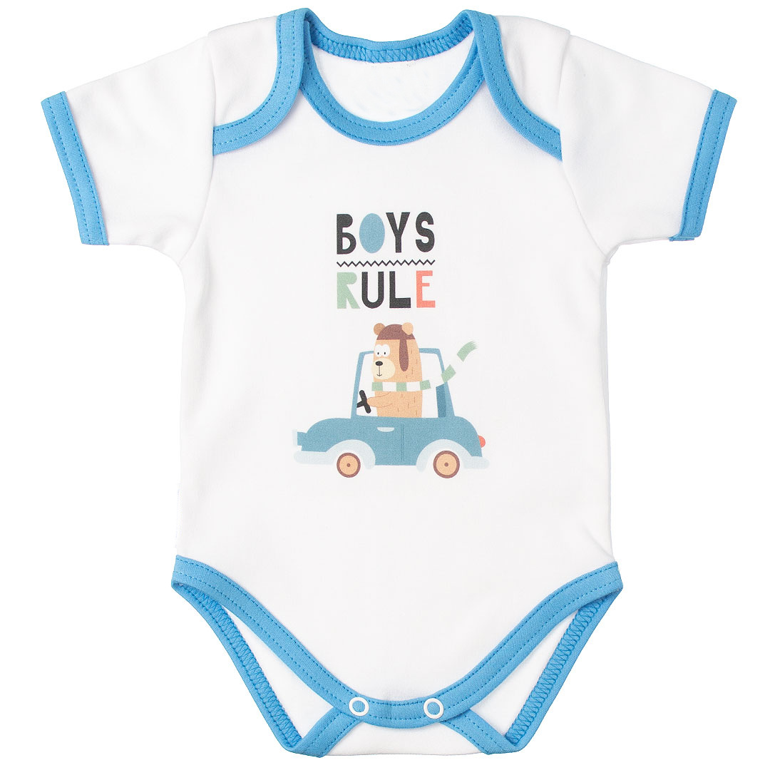 MBaby Bavlnené body s krátkym rukávom, Méďa Boys Rule, bielo/modré, vel. 86