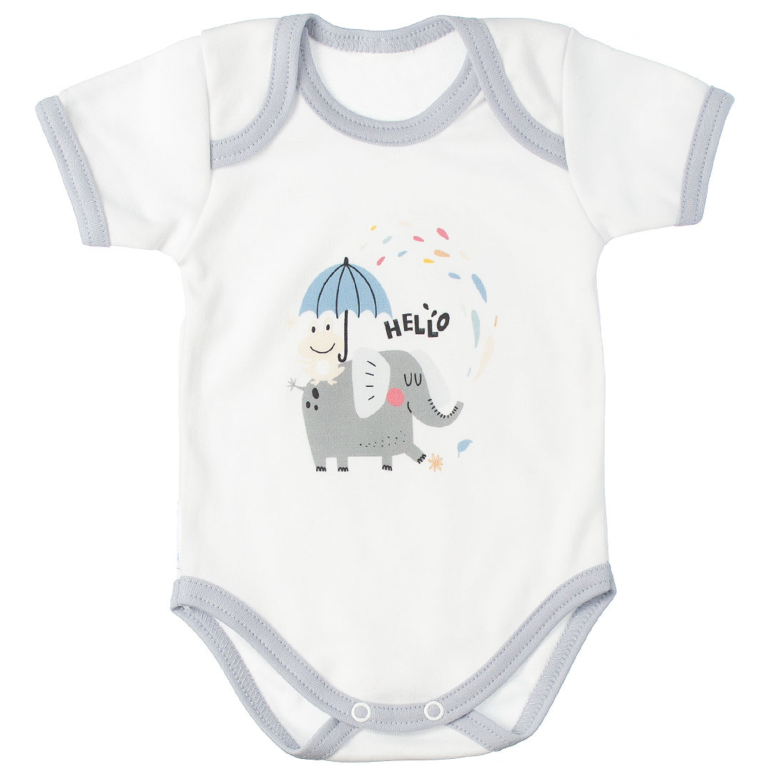 MBaby Bavlnené body s krátkym rukávom, Sloníča Hello, bielo/sivé, veľ. 86
