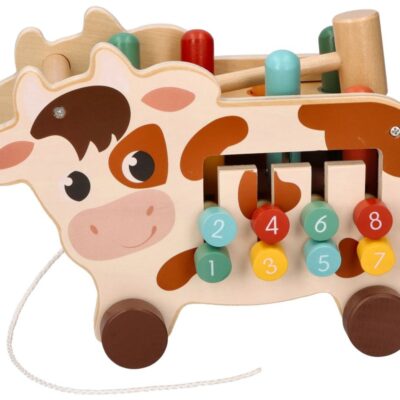 Montessori hračka - aktívna edukačná drevená, ťahacia Kravička, prírodná