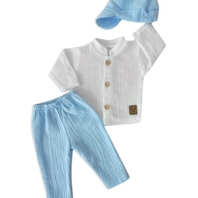 Mušelínová košeľa, nohavice + čiapky, 3D sada, Boy Z&Z, biela/modrá